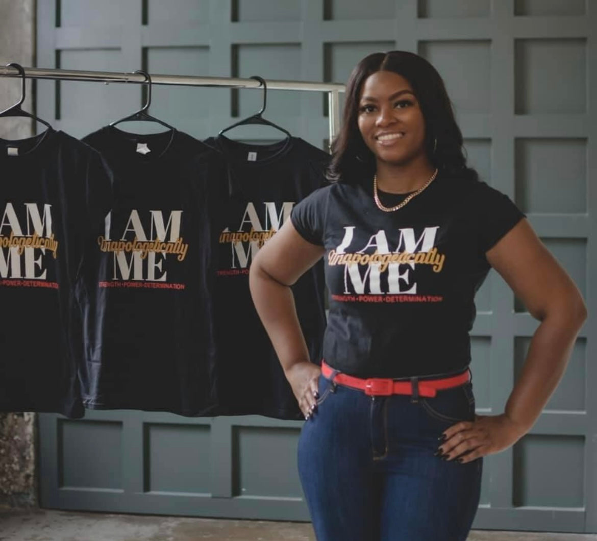 I Am Me Unapologetically, Kasia Harry, modeling signature Tshirt for mental wellness.